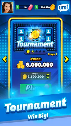 Tournament card at stage 1 with a 6,000,000-coin prize and 2,500,000 wager, beside 10 tickets and the Umi logo