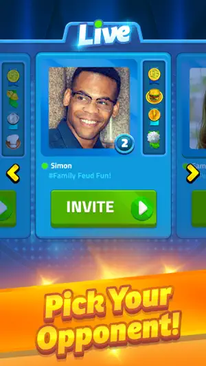Live mode carousel with an opponent's photo, achievement badges and a green Invite button under Pick Your Opponent