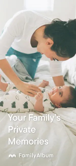 FamilyAlbum promo with a parent leaning over a smiling baby on a bed and the caption Your Family's Private Memories