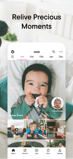 Album tab for April 2026 with month tabs, a baby labelled James, 5 mos, a photo grid and the Album, Recents, Add, Store and Settings bar
