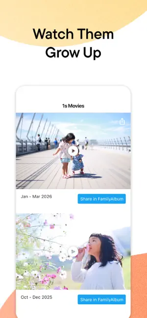 1s Movies screen listing Jan to Mar 2026 and Oct to Dec 2025 compilations, each with a Share in FamilyAlbum button