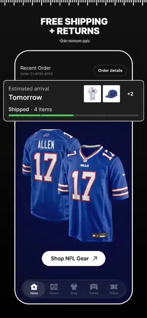 Fanatics home screen headlined Free Shipping + Returns, with a shipped four-item order arriving tomorrow above Bills Allen 17 jerseys