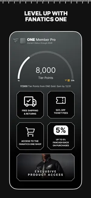 Fanatics ONE status card for ONE Member Pro at 8,000 tier points, 17,000 short of ONE Gold, listing 50% off ticket fees