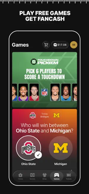 Games tab with a Touchdown Pick'em banner and an Ohio State versus Michigan pick, under a $17.08 balance