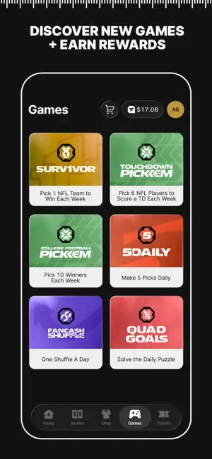 Game lobby listing Survivor, Touchdown Pick'em, College Football Pick'em, 5Daily, FanCash Shuffle and the Quad Goals daily puzzle