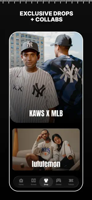 Exclusive drops page featuring a KAWS x MLB Yankees collection and a lululemon Mets sweatshirt collab