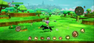 Riding a black horse across green rolling fields toward a distant castle with the Life bar below
