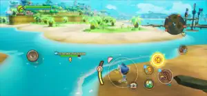 Running along a tropical beach beside turquoise water with the touch controls and mini-map