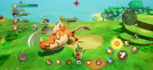 Fighting an orange dragon on a grassy cliff with a party's health bars at the left