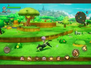 iPad view of riding a black horse across a green field toward a distant castle, with the Life bar and touch controls