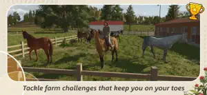 Horses in a paddock beside a red barn, a farm challenge trophy icon at the top right