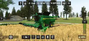 John Deere combine cutting wheat with the touch controls and money counter on screen