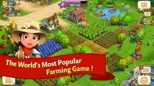 Farm view with planted fields, buildings and a farmer character
