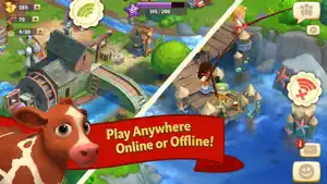 Split image contrasting online and offline play on the same farm