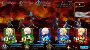 Battle screen with five command cards marked Quick, Arts and Buster