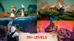 A collage of Felix's targets — a farmer, a knight and a wolf — with 50+ Levels