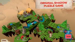 Felix on a grid of floating green tiles with a wooden hut — Original Shadow Puzzle Game