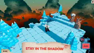 Felix crossing pale blue tiles under a cliff — Stay in the Shadow
