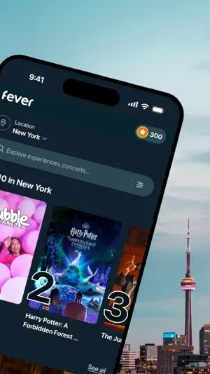 Home feed set to New York with a 300-point Fever Club badge and a Top 10 row featuring Harry Potter: A Forbidden Forest Experience