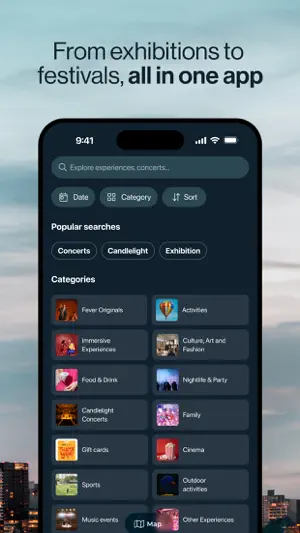 Search screen with Date, Category and Sort filters, popular searches for Concerts, Candlelight and Exhibition, and 14 categories such as Fever Originals, Candlelight Concerts and Cinema