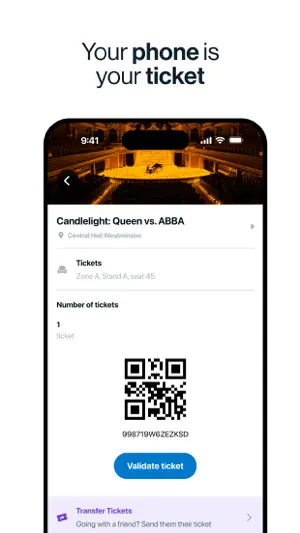 Mobile ticket for Candlelight: Queen vs. ABBA at Central Hall Westminster with a Zone A seat, a QR code, a Validate ticket button and Transfer Tickets