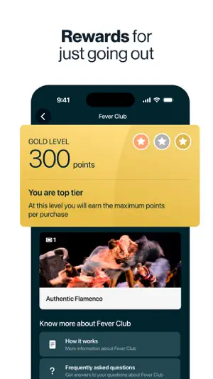 Fever Club screen at Gold level with 300 points and a note that the top tier earns the maximum points per purchase