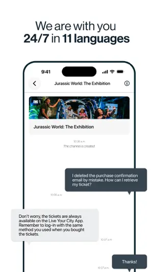 Support chat about Jurassic World: The Exhibition where an agent explains how to find tickets after the confirmation email was deleted