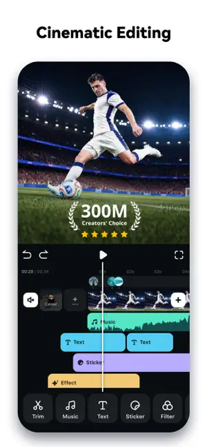 Timeline editor with separate music, text, sticker and effect tracks