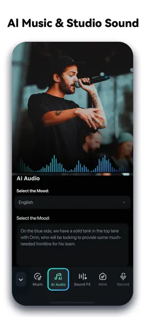 AI audio panel generating narration from typed text