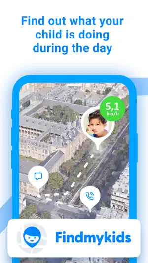 Findmykids map of a city block with a child's photo pin moving at 5.1 km/h and chat and call bubbles along a dotted route