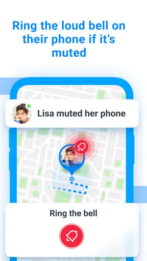 Lisa muted her phone banner over a street map, with a red bell on the child's pin and a Ring the bell button