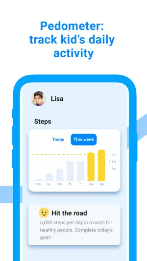 Pedometer screen for Lisa with a weekly steps bar chart and a Hit the road card about 6,000 steps a day