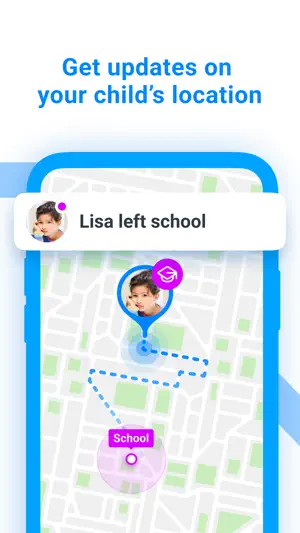Lisa left school notification over a map with a School place circle and the child's dotted route away from it
