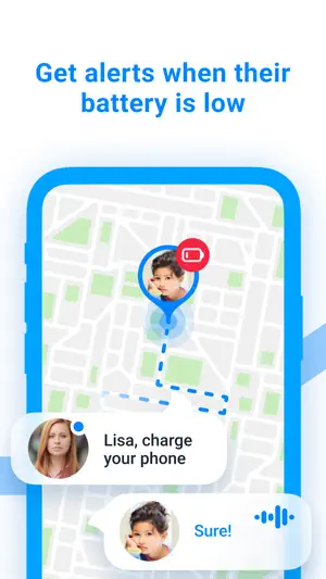 Low battery badge on a child's map pin with chat bubbles reading Lisa, charge your phone and Sure!