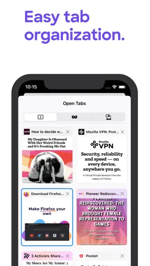 Tab grid with open pages arranged as cards for closing or reordering