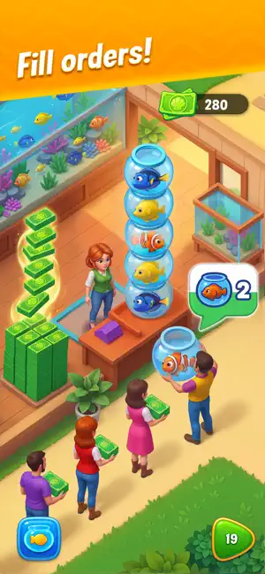 Aquarium shop with bowls of fish and a queue of customers