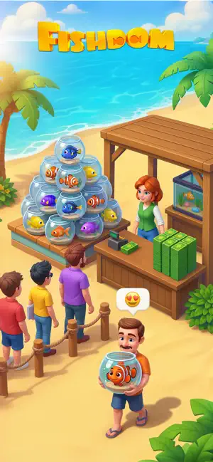 Beach stall selling fish bowls beneath the game logo