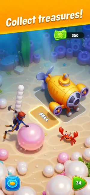 Diver collecting pearls beside a yellow submarine