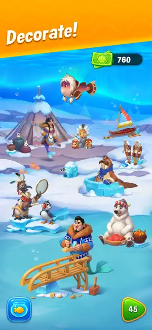 Arctic-themed tank decorated with penguins and a polar bear