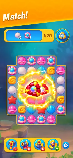 Match-three board of shells and pearls with boosters below