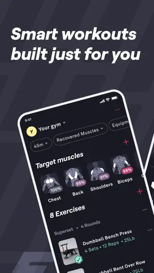Headline 'Smart workouts built just for you' above a phone showing a 45-minute filter, Target muscles Chest 100%, Back 95%, Shoulders 91%, Biceps 88% and an 8-exercise superset