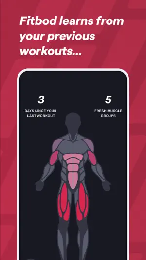 Dark body map with red-shaded muscles under the line 'learns from your previous workouts', showing 3 days since the last workout and 5 fresh muscle groups