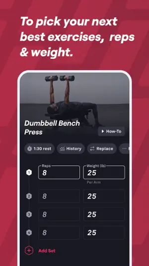Dumbbell Bench Press log with four set rows at 8 reps and 25 lb per arm, a 1:30 rest button and How-To, History and Replace buttons