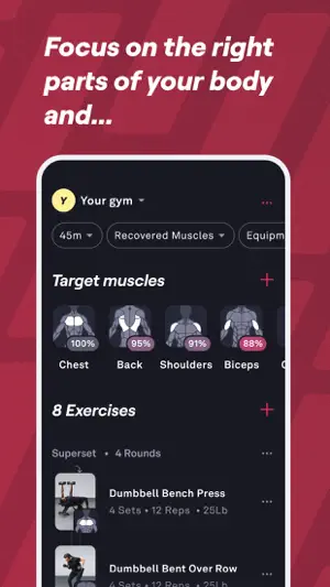 Target muscles row with recovery percentages above a list of 8 exercises starting with a Dumbbell Bench Press superset of 4 sets at 12 reps and 25 lb
