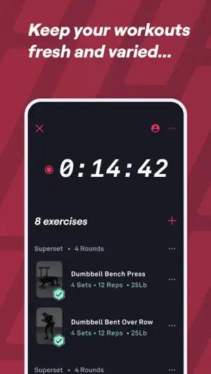 Active workout screen with a 0:14:42 timer and a superset of Dumbbell Bench Press and Dumbbell Bent Over Row, both ticked complete