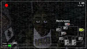 Camera feed showing an animatronic near the restrooms