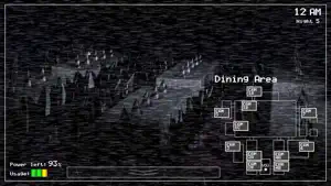 Camera view of the dining area with figures in the dark