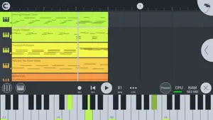 Multitrack arrangement above a piano keyboard with a playhead