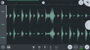 Recorded audio shown as waveforms with volume and speed lanes