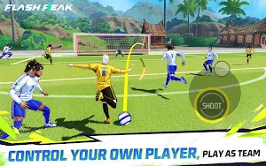 A yellow-kit player shooting at goal with the on-screen Shoot button, captioned control your own player